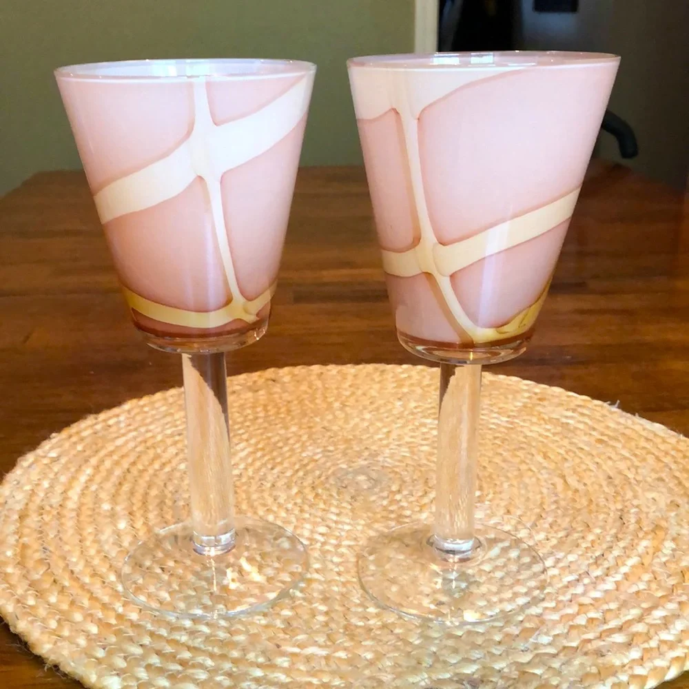 Two (2) Pier 1 Art Glass Stem Goblets / Wine Glasses